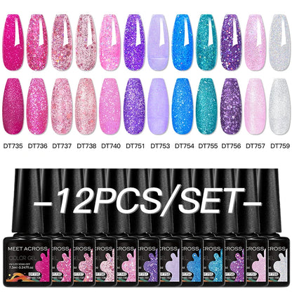 MEET ACROSS 12PCS/Set Pink Glitter Gel Nail Polish Macaron Blue Semi Permanent Nail Art Gel Varnish Spring Summer Manicure Kits