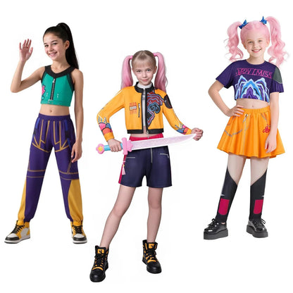KPOP Demon Mira Huntrix Hunters Kids Clothes Girls Rumi Zoey Mira Cosplay Clothes Elegant Dress Anime Outfit Full Set Halloween