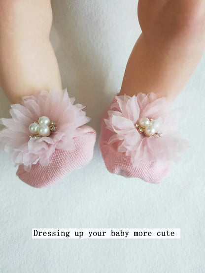 Cute Pearl Bows Baby Headband Socks Set Non Slip Cotton Sock Lace Flower Newborn Hair Band Turban Girl Hair Accessories