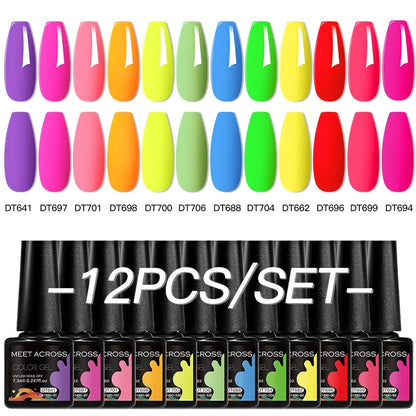 MEET ACROSS 12PCS/Set Pink Glitter Gel Nail Polish Macaron Blue Semi Permanent Nail Art Gel Varnish Spring Summer Manicure Kits