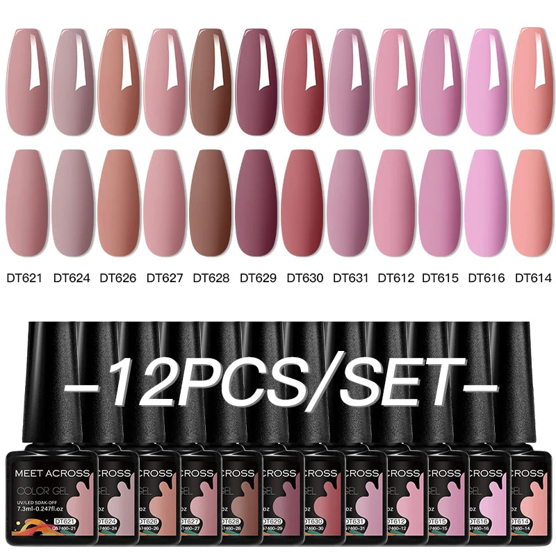 MEET ACROSS 12PCS/Set Pink Glitter Gel Nail Polish Macaron Blue Semi Permanent Nail Art Gel Varnish Spring Summer Manicure Kits