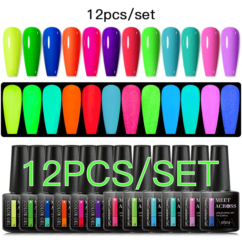 MEET ACROSS 12PCS/Set Pink Glitter Gel Nail Polish Macaron Blue Semi Permanent Nail Art Gel Varnish Spring Summer Manicure Kits