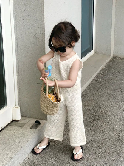 Girl's Clothing Sets 2024 Summer Korean Thin Knitted Girl Set Children Hollow Breathable Vest + Wide Leg Pants Two-piece Suit