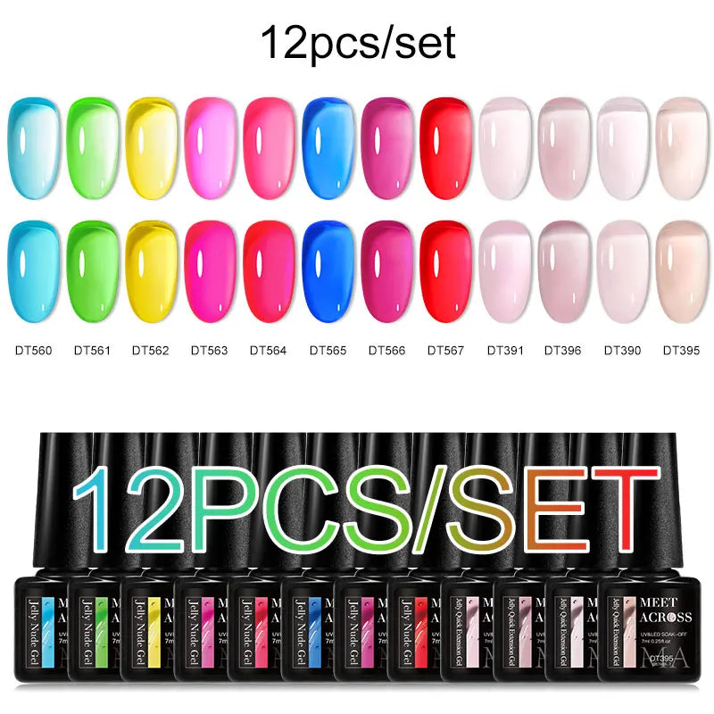 MEET ACROSS 12PCS/Set Pink Glitter Gel Nail Polish Macaron Blue Semi Permanent Nail Art Gel Varnish Spring Summer Manicure Kits