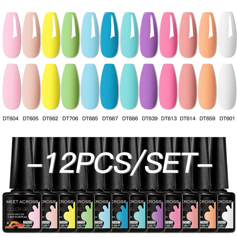 MEET ACROSS 12PCS/Set Pink Glitter Gel Nail Polish Macaron Blue Semi Permanent Nail Art Gel Varnish Spring Summer Manicure Kits