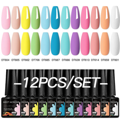 MEET ACROSS 12PCS/Set Pink Glitter Gel Nail Polish Macaron Blue Semi Permanent Nail Art Gel Varnish Spring Summer Manicure Kits