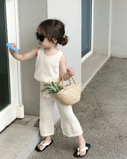 Girl's Clothing Sets 2024 Summer Korean Thin Knitted Girl Set Children Hollow Breathable Vest + Wide Leg Pants Two-piece Suit