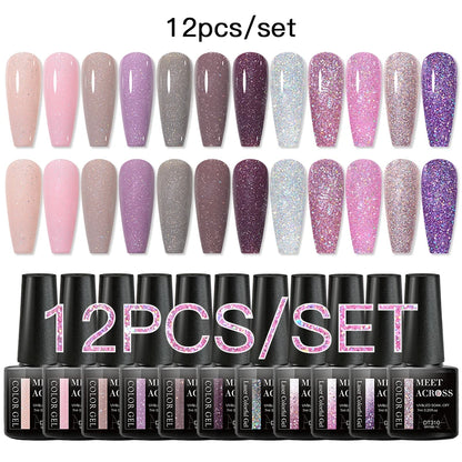 MEET ACROSS 12PCS/Set Pink Glitter Gel Nail Polish Macaron Blue Semi Permanent Nail Art Gel Varnish Spring Summer Manicure Kits