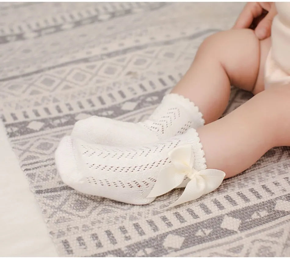 Children's Spring/Summer Thin Breathable Bow Children Girl Short Socks Hollow Out Toddlers Kids Cotton Princess Cute Socks