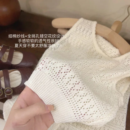 Girl's Clothing Sets 2024 Summer Korean Thin Knitted Girl Set Children Hollow Breathable Vest + Wide Leg Pants Two-piece Suit