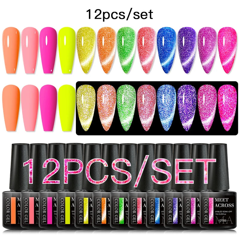 MEET ACROSS 12PCS/Set Pink Glitter Gel Nail Polish Macaron Blue Semi Permanent Nail Art Gel Varnish Spring Summer Manicure Kits
