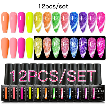 MEET ACROSS 12PCS/Set Pink Glitter Gel Nail Polish Macaron Blue Semi Permanent Nail Art Gel Varnish Spring Summer Manicure Kits